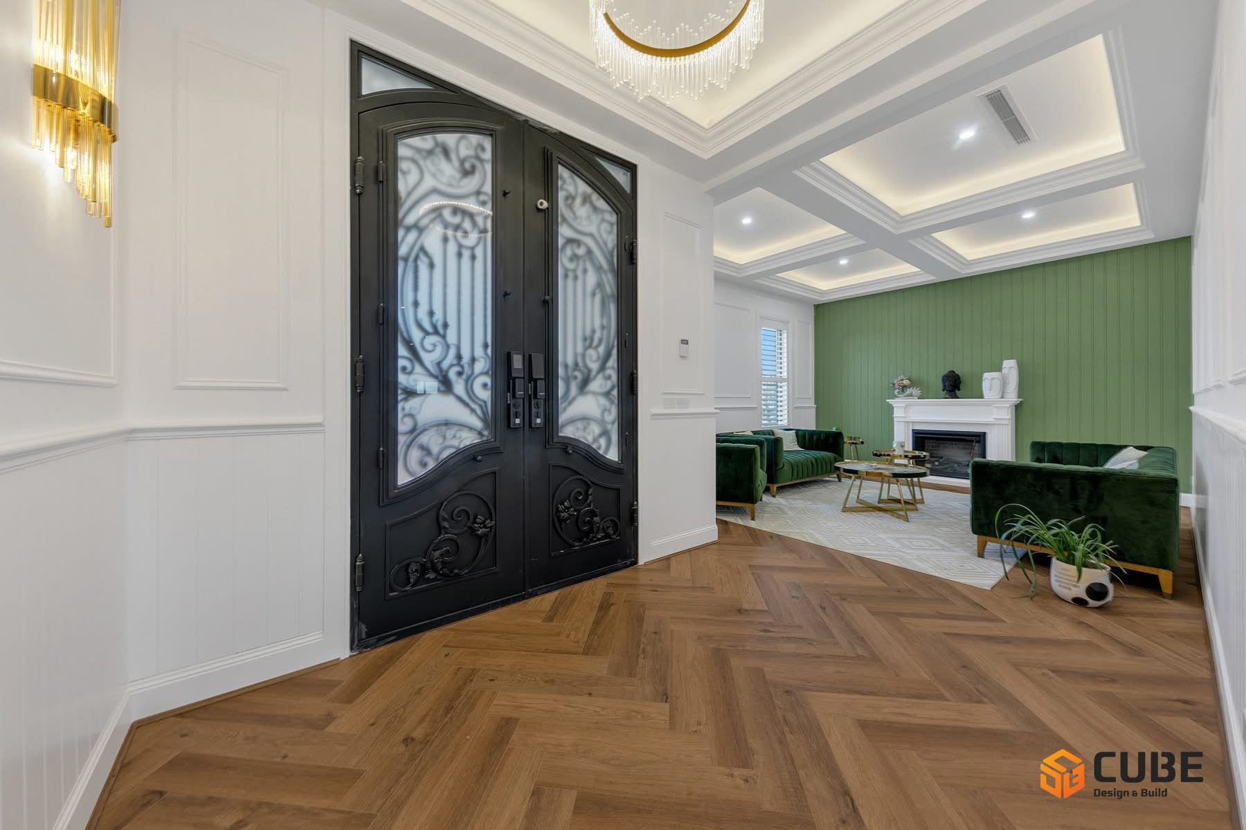 Grand foyer herringbone floor — Craigieburn