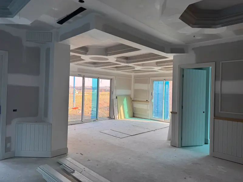 Coffered living-room ceiling at plasterboard stage